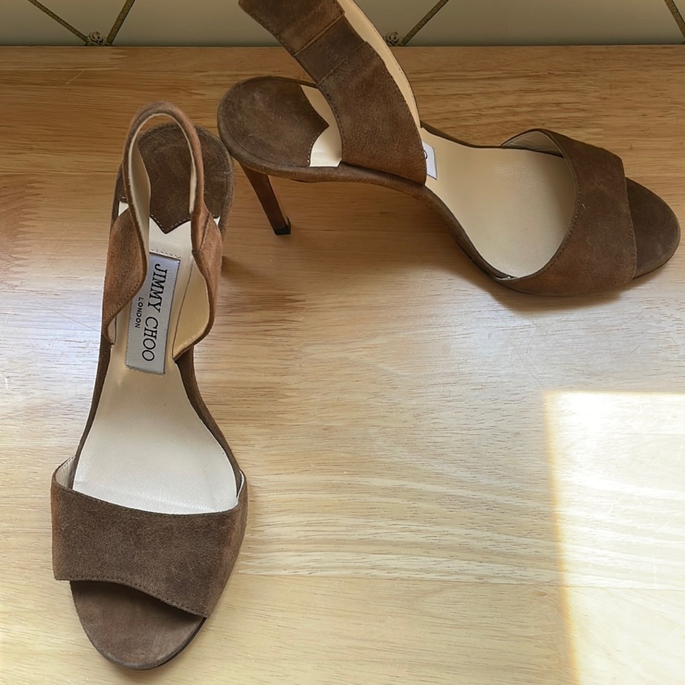 Jimmy Choo brown suede sling back sandal heel